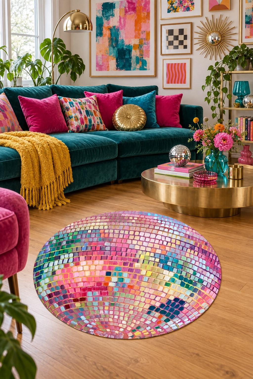 Disco Ball Modern Round Rug in a living room