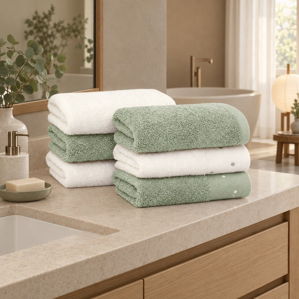 Dotted Cotton Guest Towel Set of 6 – Green & Ecru in a bathroom