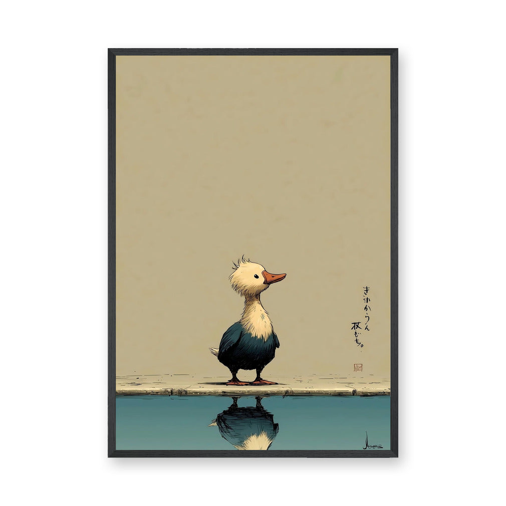 Duck Japandi Wall Art – Cute Reflection Print with Teal Water