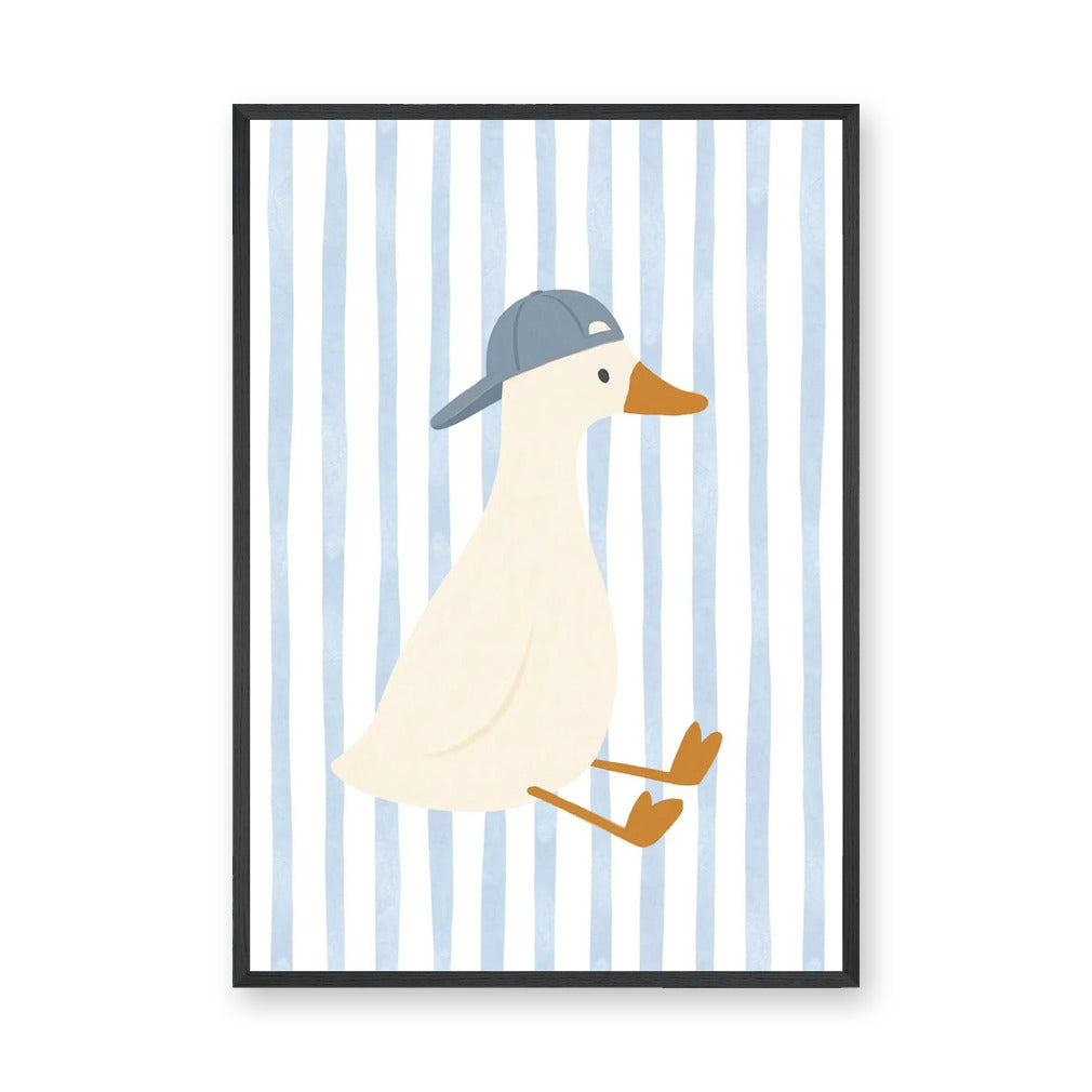 Duck Kids Wall Art – Cream Duck in Blue Cap on Pale Stripes