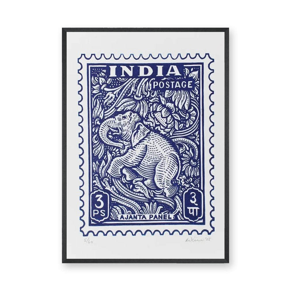 Elephant Vintage Wall Art – Blue India Postage Stamp Print