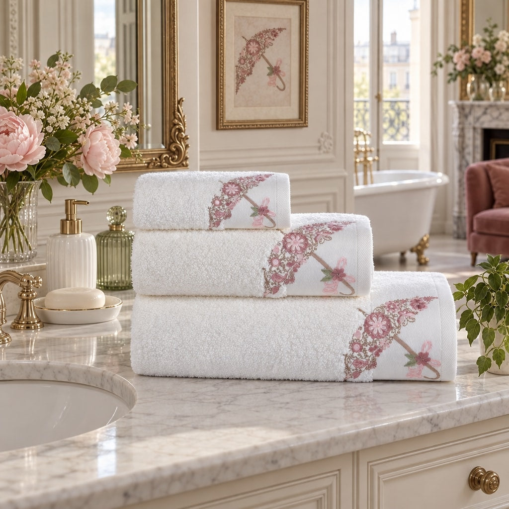 Embroidered Cotton Bath Towel Set of 3 – Cream in a bathroom