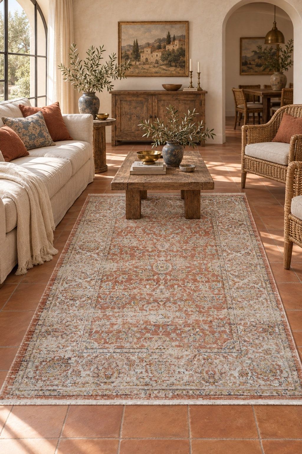 Ethnic Distressed Vintage Area Rug in a living room
