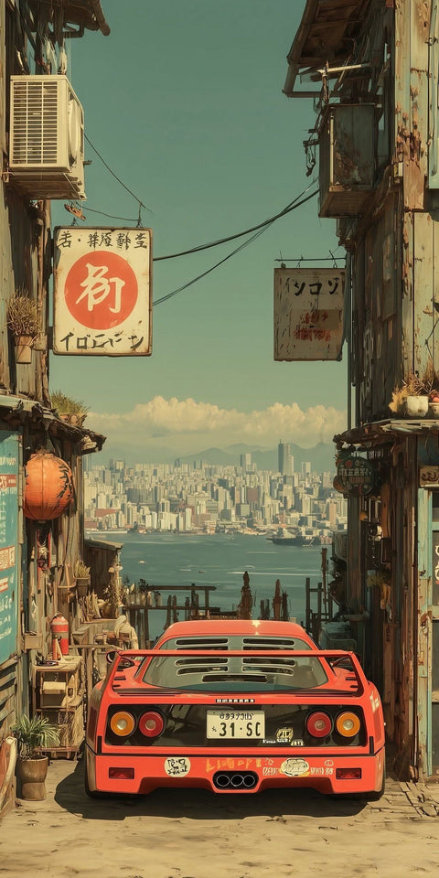 Ferrari F40 Retro Wall Art – Japanese Alley Harbor City Car Print
