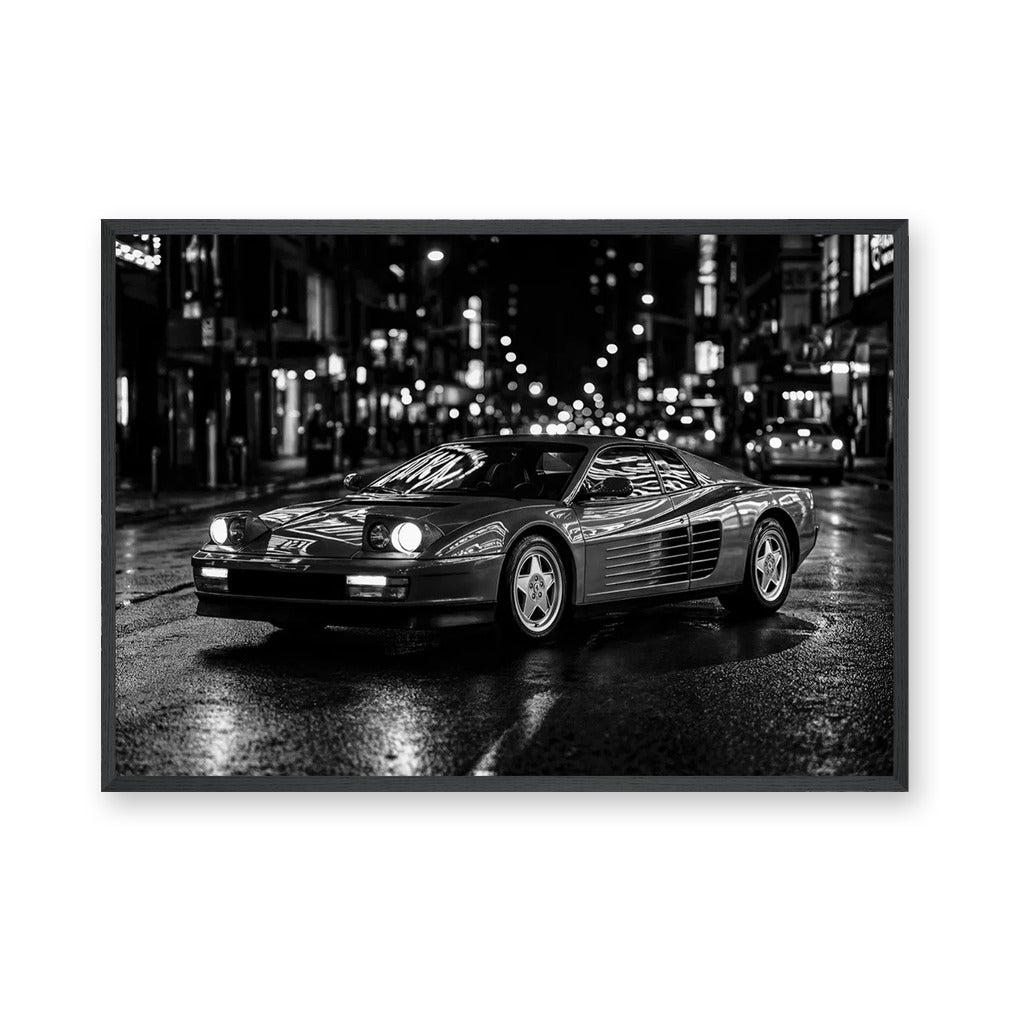 Ferrari Testarossa Retro Wall Art – Black and White Rainy City Street