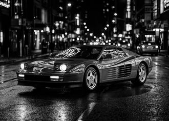 Ferrari Testarossa Retro Wall Art – Rainy City Night Photograph
