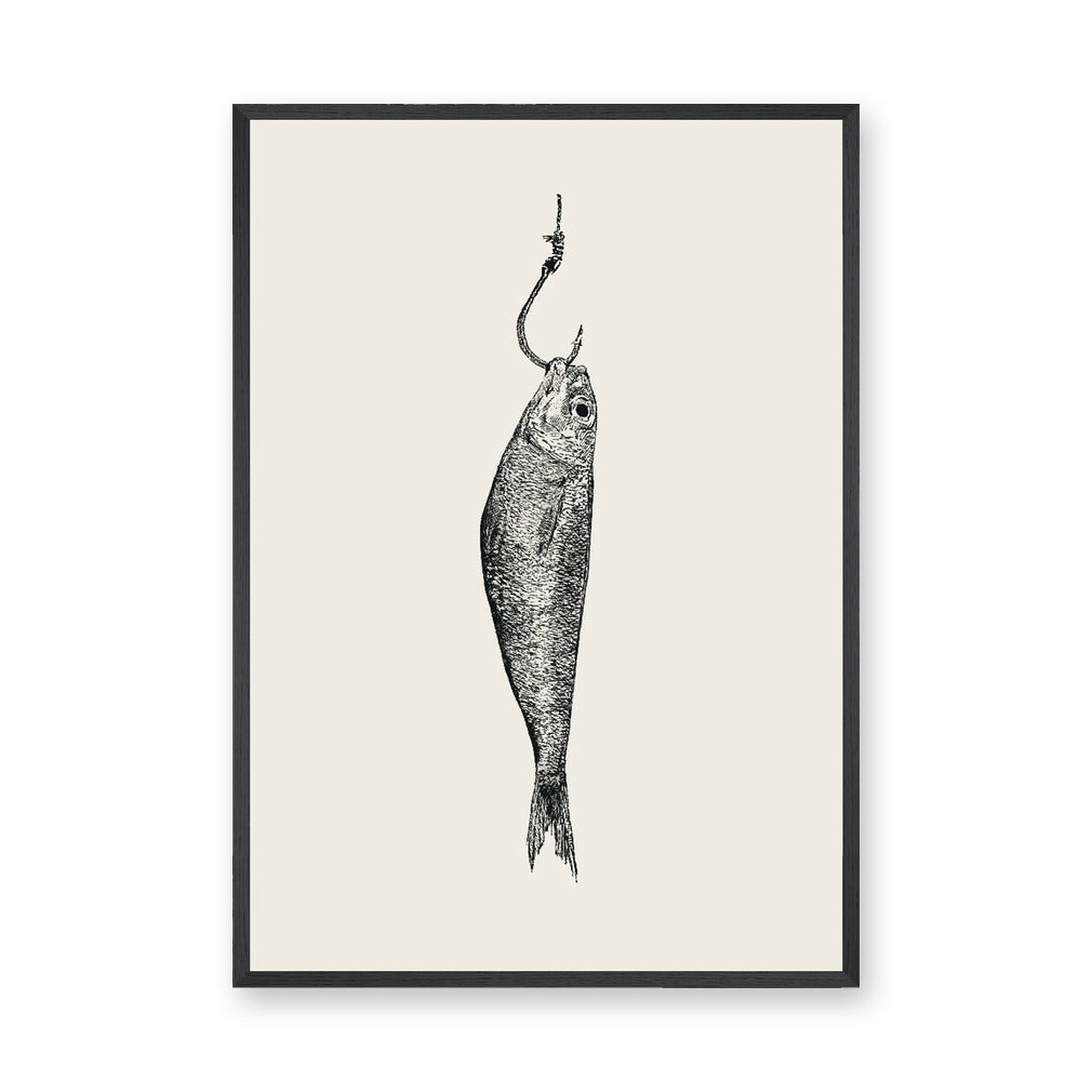 Fish Hook Vintage Wall Art – Black Ink Illustration on Cream