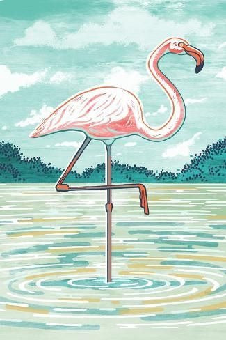 Flamingo Coastal Wall Art – Pastel Bird in Teal Water
