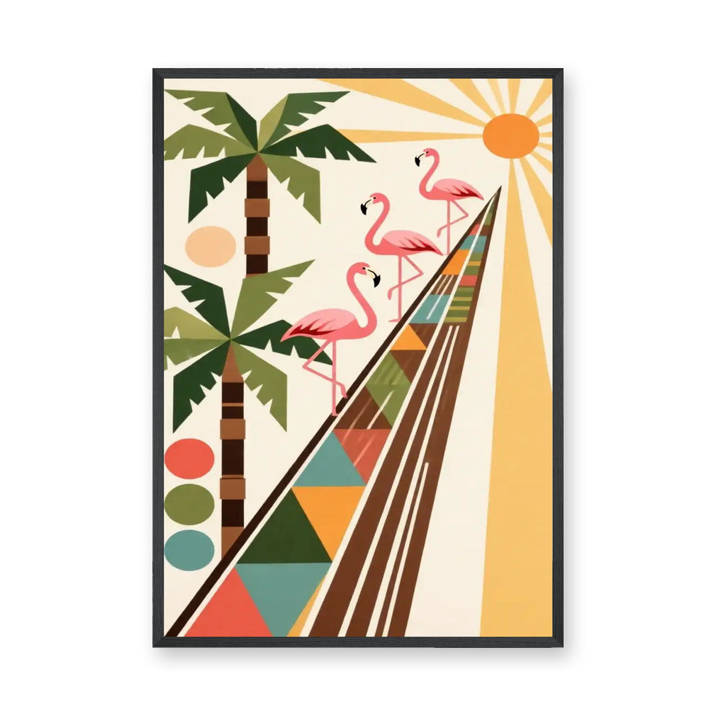 Flamingo Palm Retro Wall Art – Tropical Geometric Sun Scene