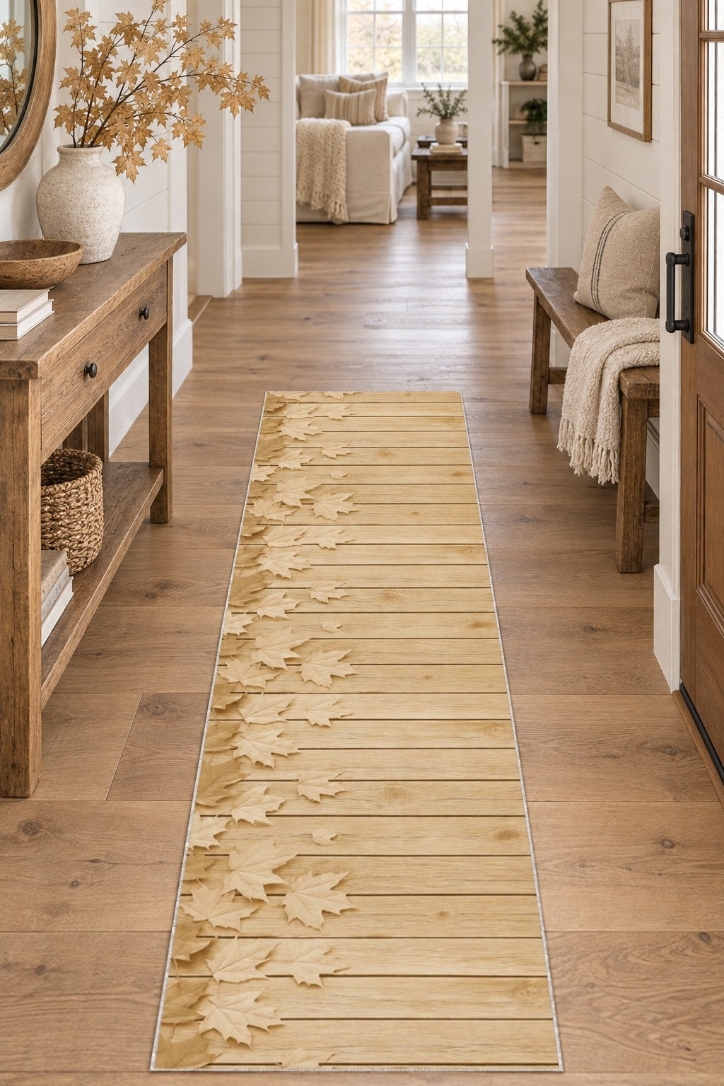 Floral 3D Runner Rug – Beige in a hallway