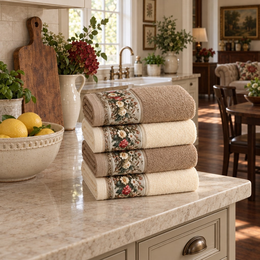 Floral Border Cotton Kitchen Towel Set of 4 – Brown & Cream in a kitchen