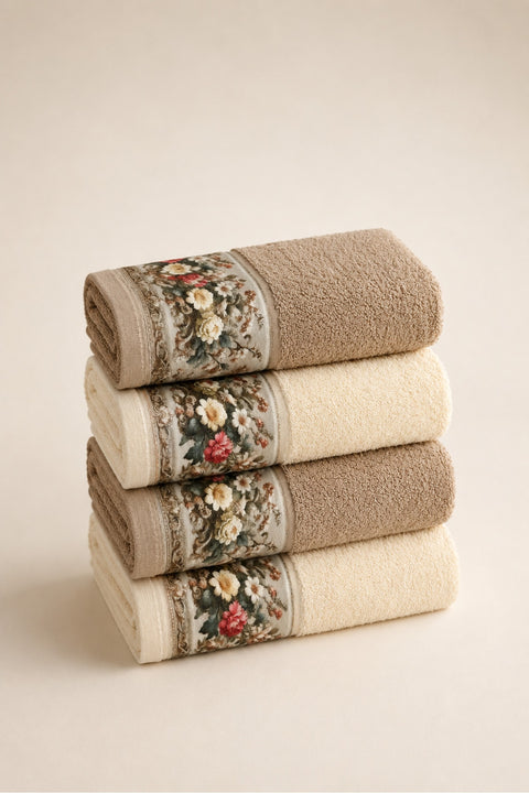 Floral Border Cotton Kitchen Towel Set of 4 – Brown & Cream
