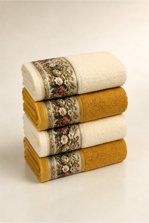 Floral Border Cotton Kitchen Towel Set of 4 – Cream & Mustard