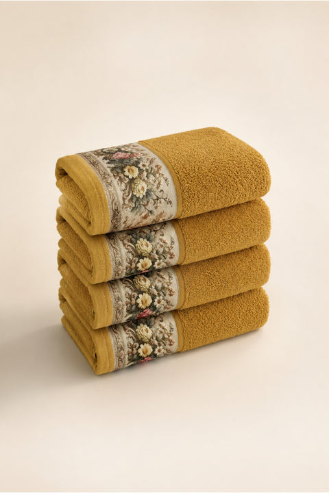 Floral Border Cotton Kitchen Towel Set of 4 – Mustard