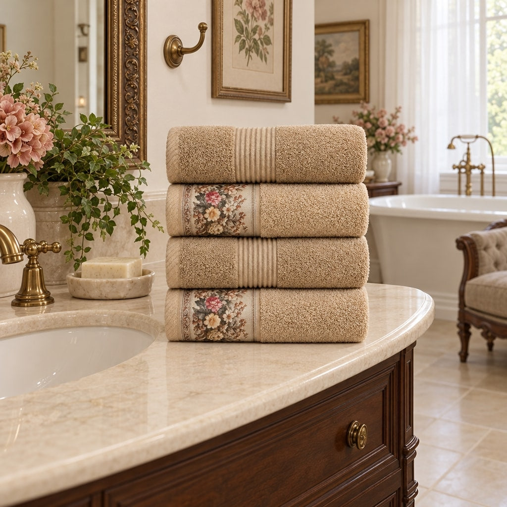 Floral Border Cotton Kitchen Towel Set of 4 – Striped Beige & Floral in a bathroom