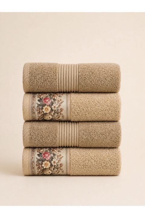 Floral Border Cotton Kitchen Towel Set of 4 – Striped Beige & Floral