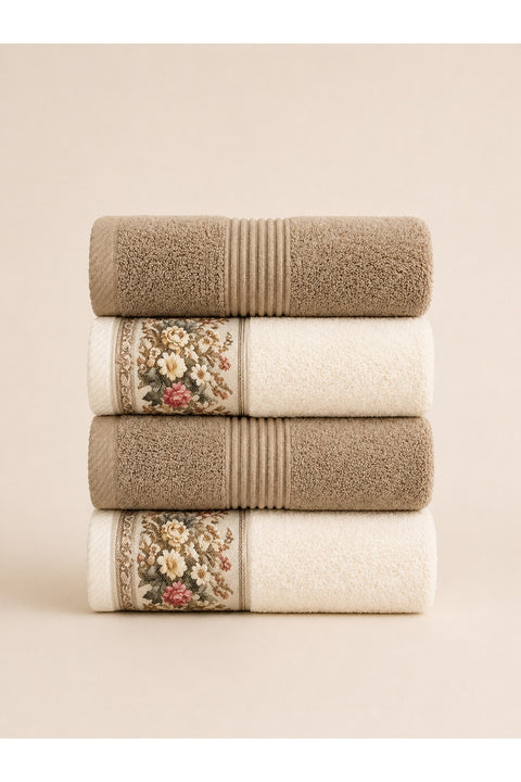 Floral Border Cotton Kitchen Towel Set – Striped Beige & Floral Cream