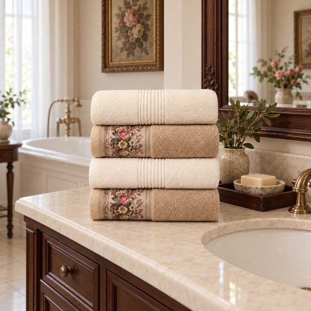 Floral Border Cotton Kitchen Towel Set of 4 – Striped Cream & Floral in a bathroom