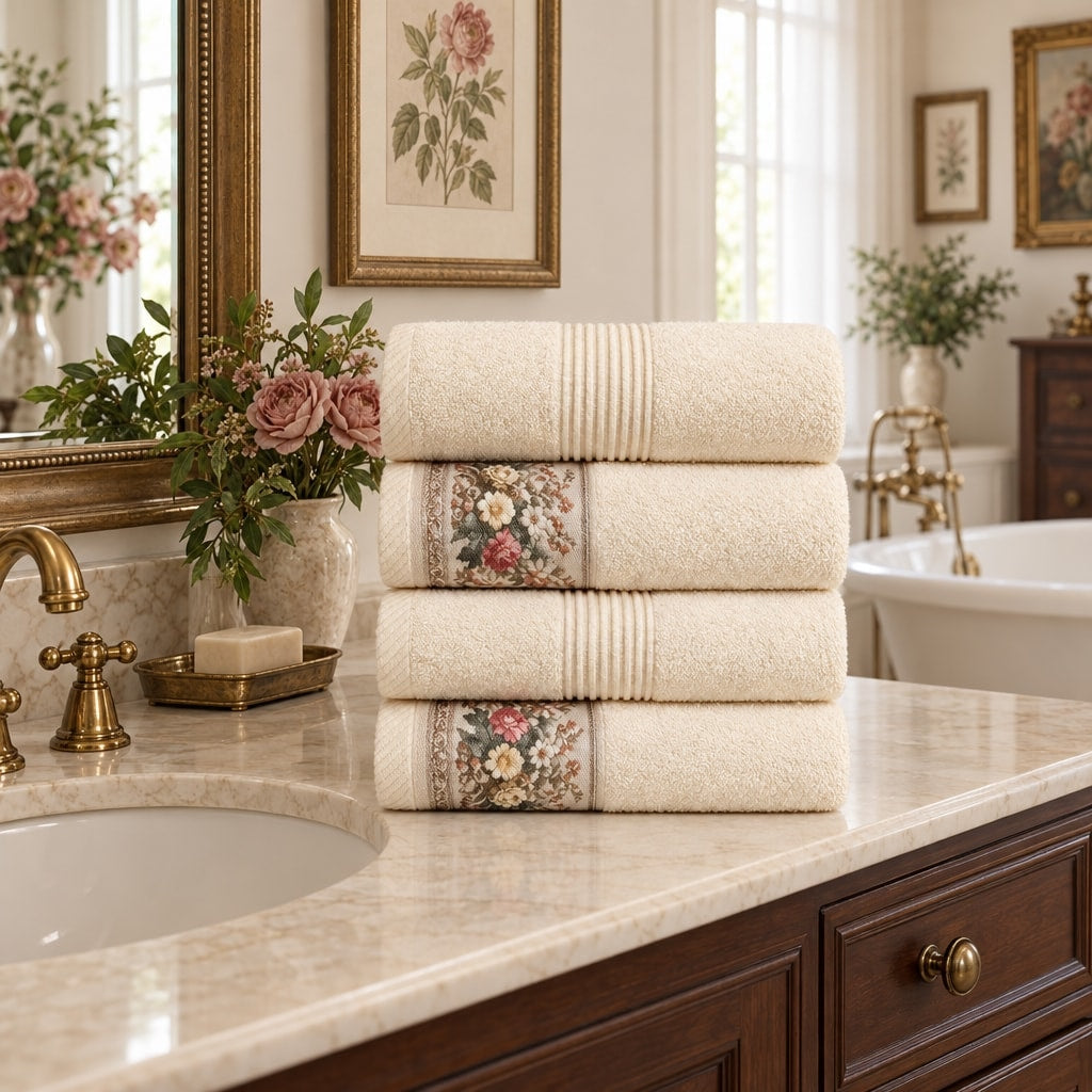 Floral Border Cotton Kitchen Towel Set of 4 – Striped Cream & Floral in a bathroom