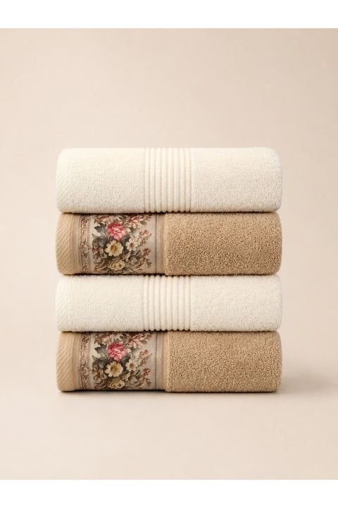 Floral Border Cotton Kitchen Towel Set of 4 – Striped Cream & Floral