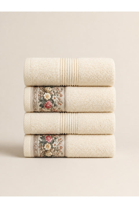 Floral Border Cotton Kitchen Towel Set – Striped Cream & Floral Cream