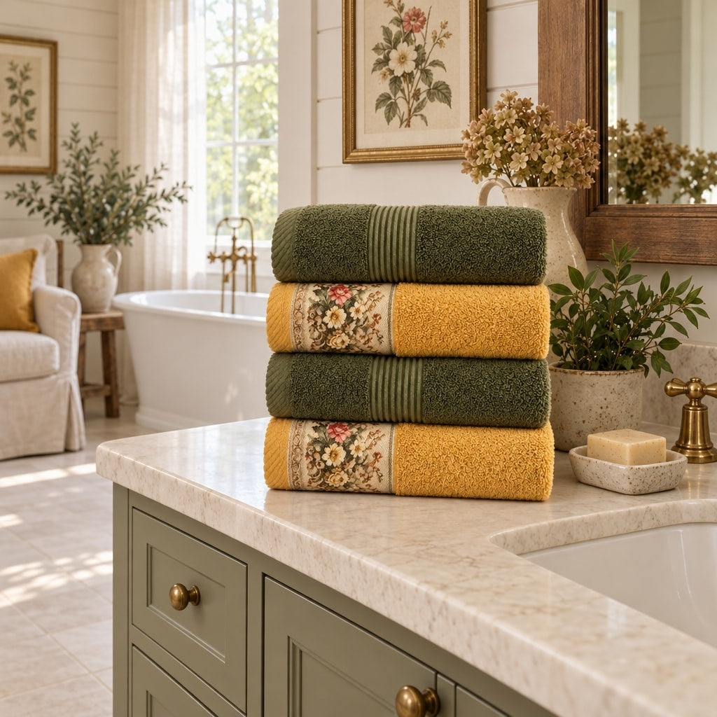 Floral Border Cotton Kitchen Towel Set of 4 – Striped Green & Floral in a bathroom