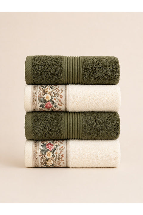 Floral Border Cotton Kitchen Towel Set – Striped Green & Floral Cream