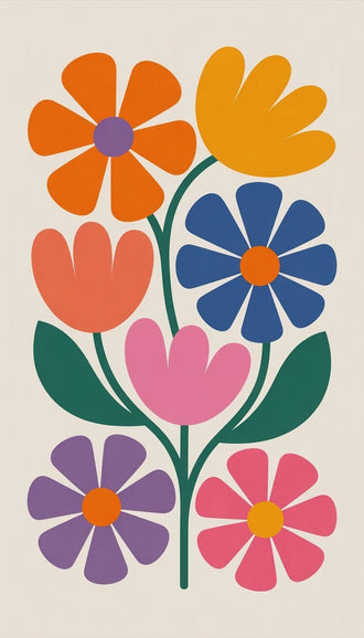 Floral Botanical Retro Wall Art – Colorful Bouquet on Cream