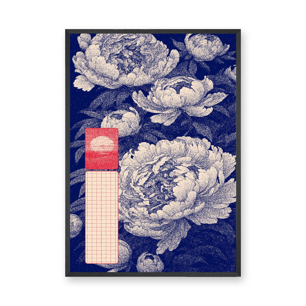 Floral Botanical Wall Art – Navy Peony Pattern with Red Grid Accent