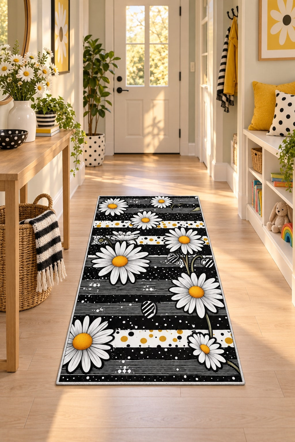 Floral Contemporary Kitchen Rug in a hallway