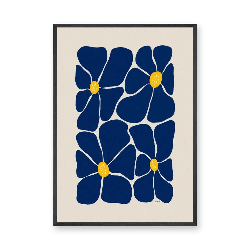 Floral Minimalist Wall Art – Navy Blue Blooms on Cream