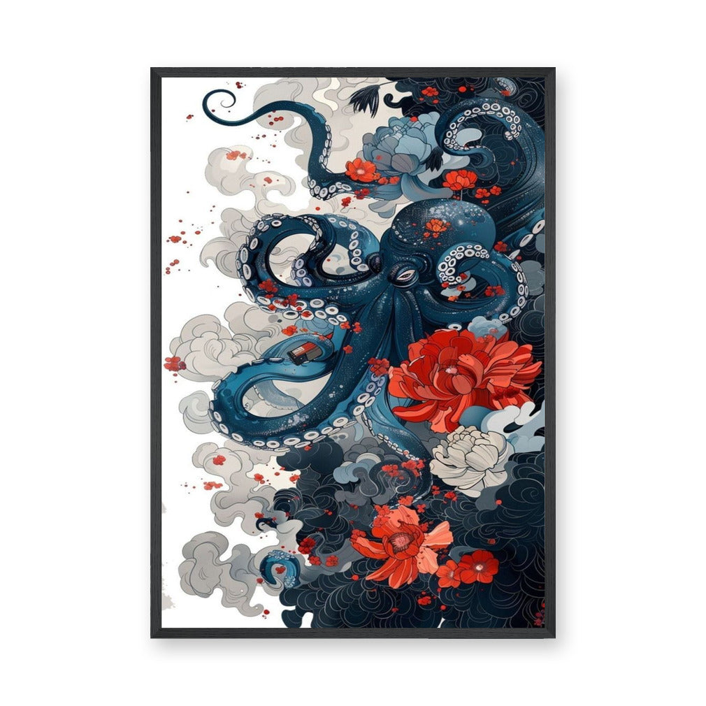 Floral Octopus Traditional Wall Art – Navy Sea Life With Red Blossoms