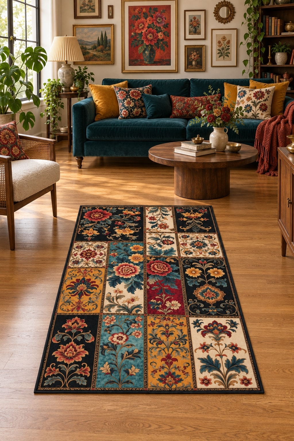 Floral Patchwork Kitchen Rug in a living room