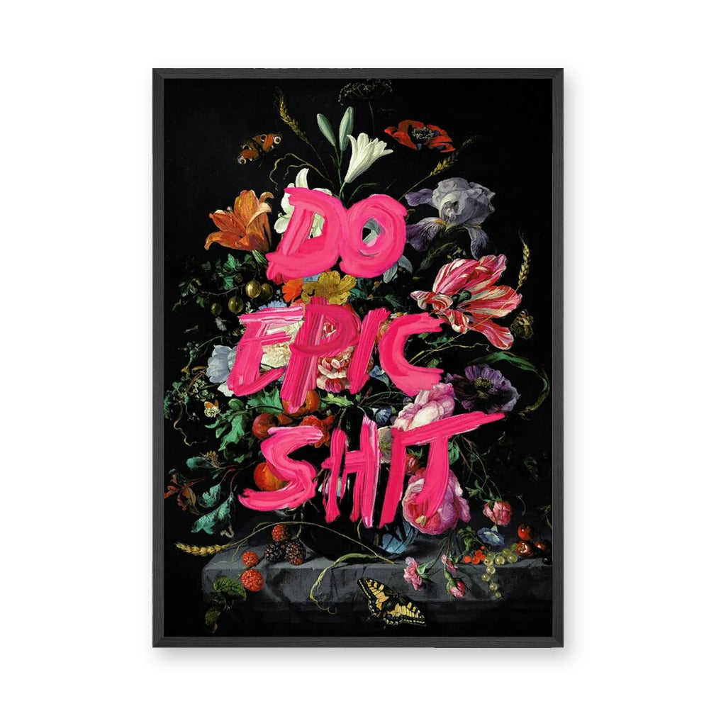 Floral Still Life Typography Wall Art – Dark Bouquet with Hot Pink Quote