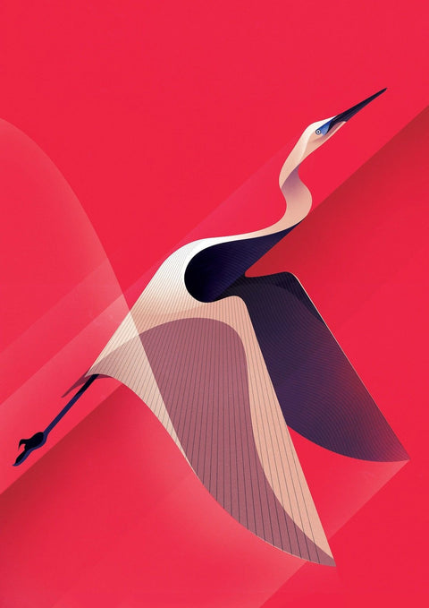 Flying Bird Geometric Modern Wall Art – Cream Heron on Bold Red