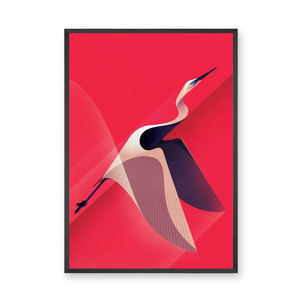 Flying Bird Geometric Modern Wall Art – Cream Heron on Bold Red