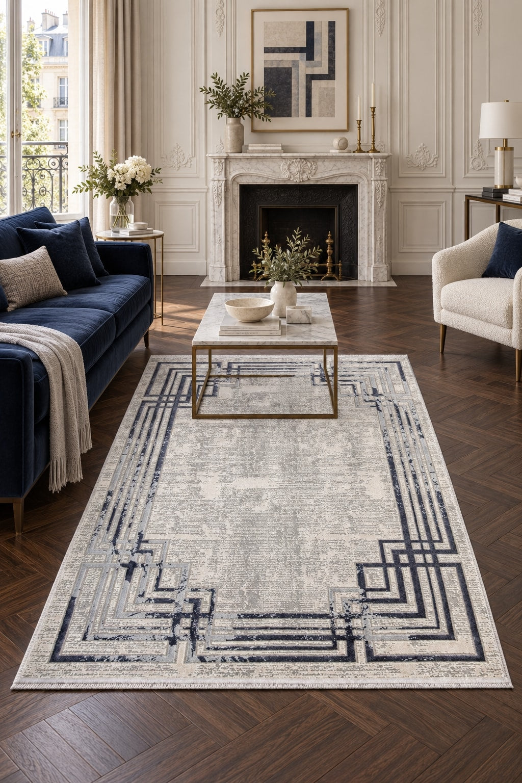 Fringed Modern Area Rug in a living room