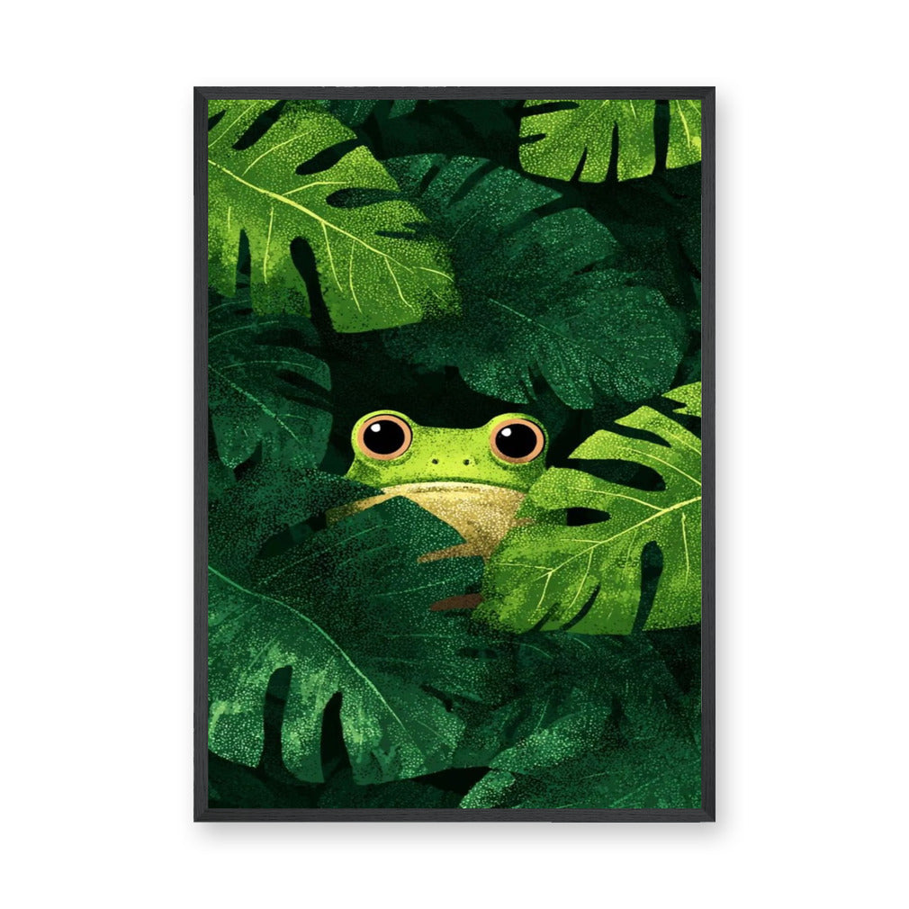 Frog Botanical Wall Art – Cute Jungle Animal Among Monstera Leaves
