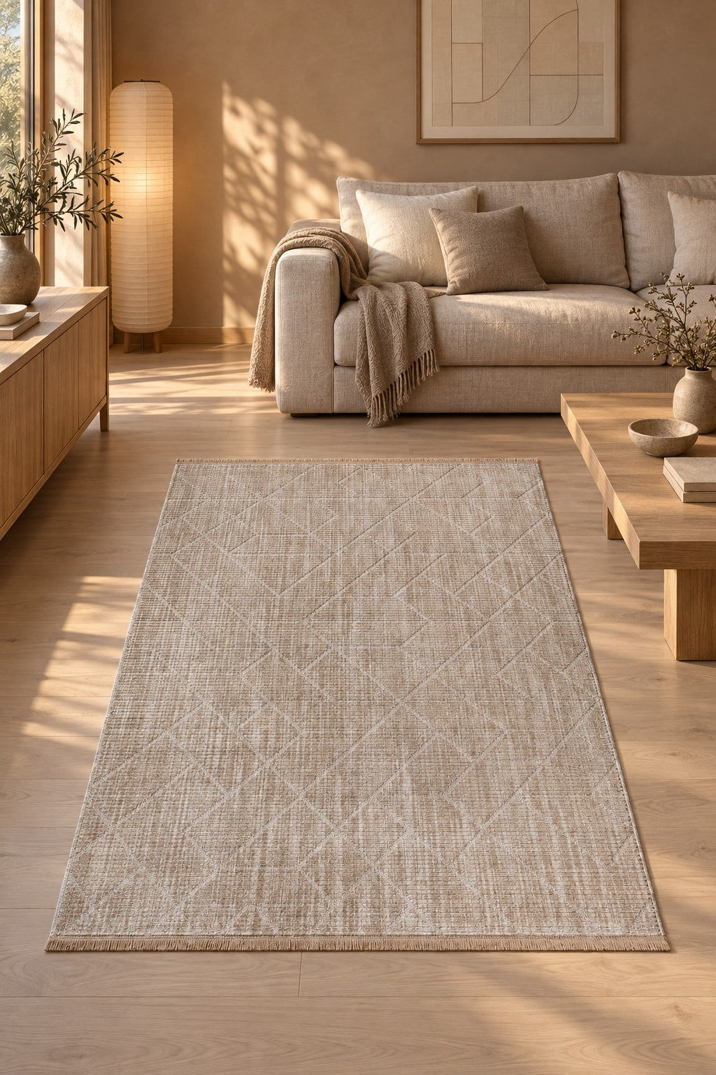 Geometric Boho Area Rug – Beige in a living room