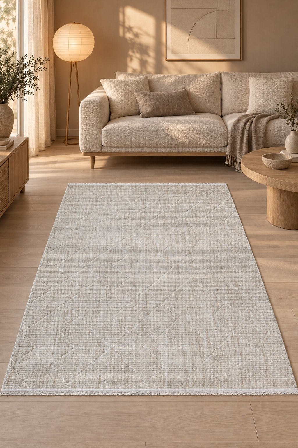 Geometric Boho Area Rug – Cream in a living room