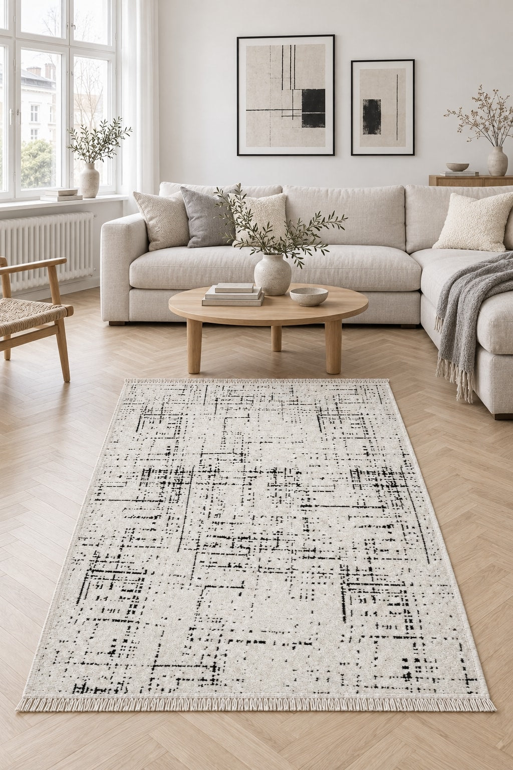 Geometric Boho Area Rug – Cream in a living room