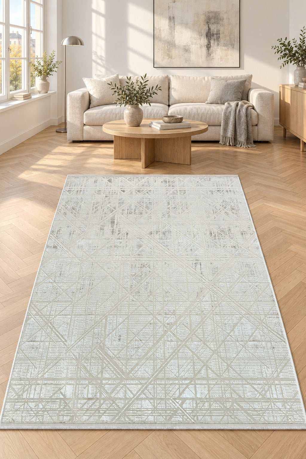 Geometric Modern Area Rug – Gray in a living room