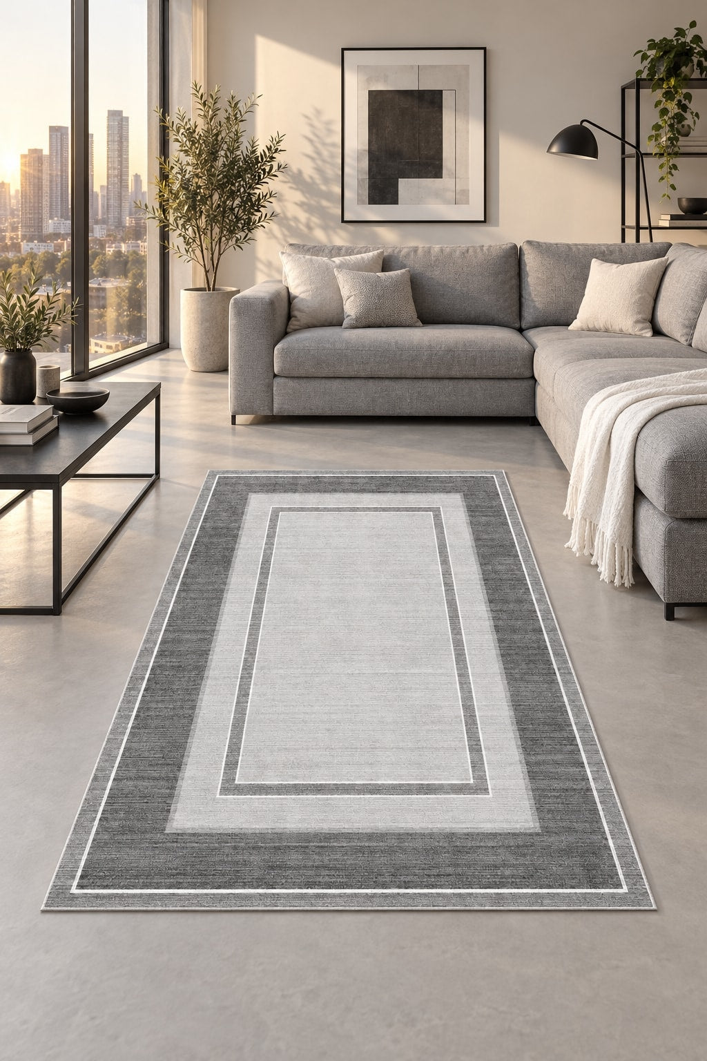 Geometric Printed Kitchen Area Rug – Gray in a living room