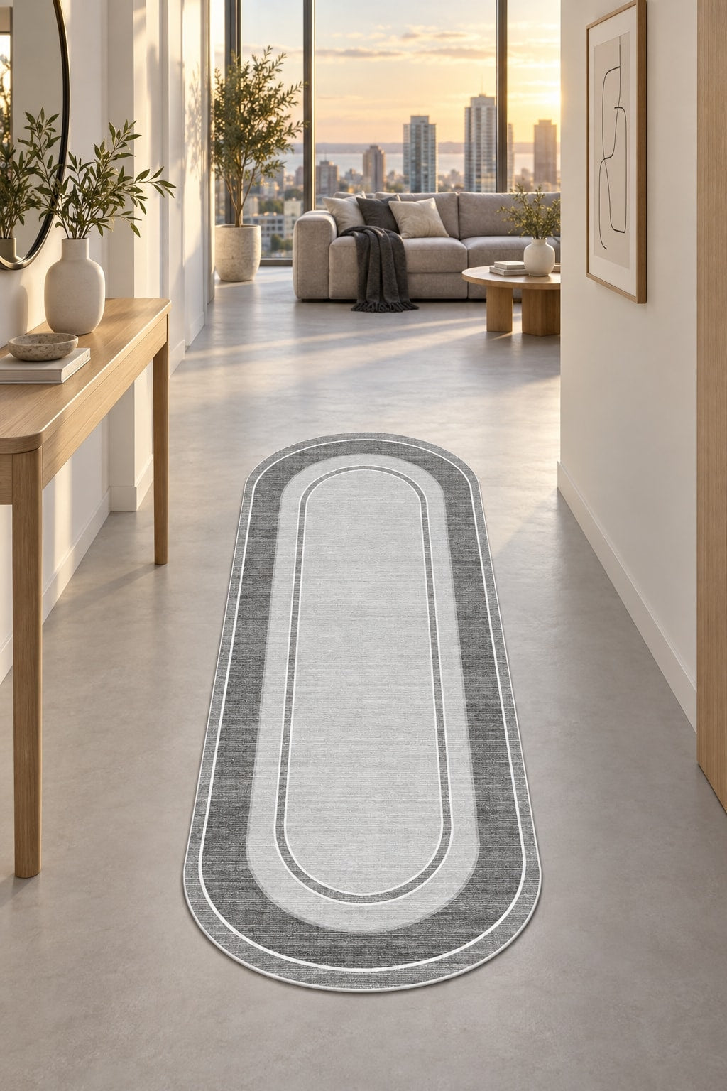 Geometric Printed Kitchen Area Rug – Light Gray & Gray in a hallway