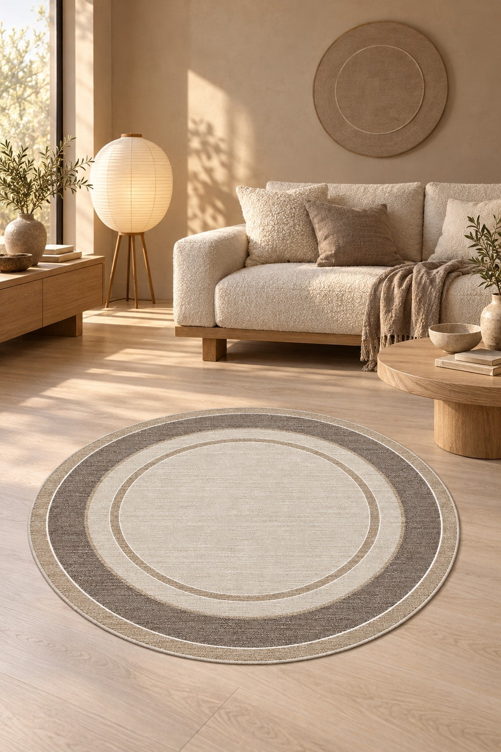 Geometric Printed Round Kitchen Rug – Taupe in a living room