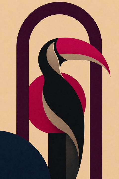 Geometric Toucan Modern Wall Art – Red Beak Bird in Burgundy Arch
