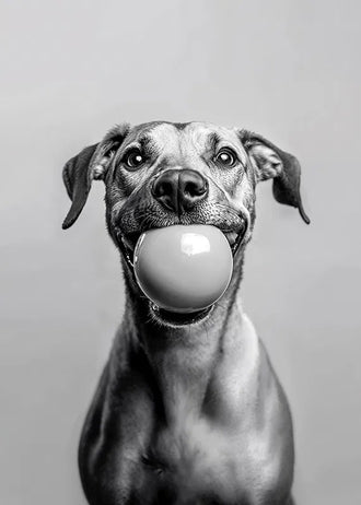 Happy Dog Modern Wall Art – Black and White Portrait With Ball