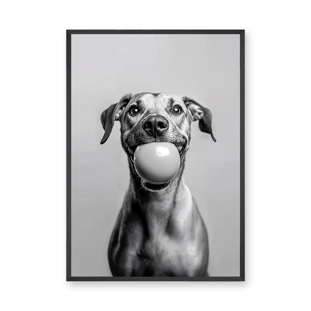 Happy Dog Modern Wall Art – Black and White Portrait With Ball
