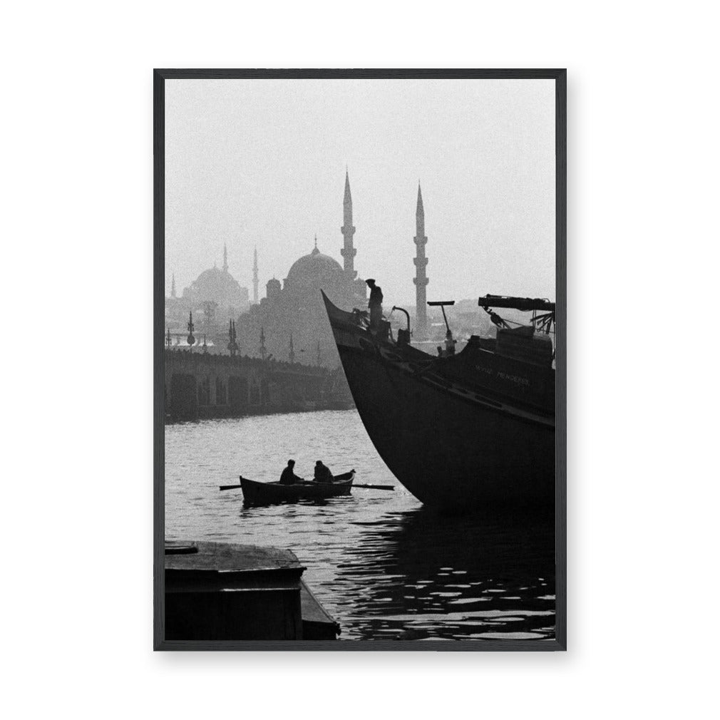 Istanbul Harbor Vintage Wall Art – Black and White Boats and Mosque Silhouette