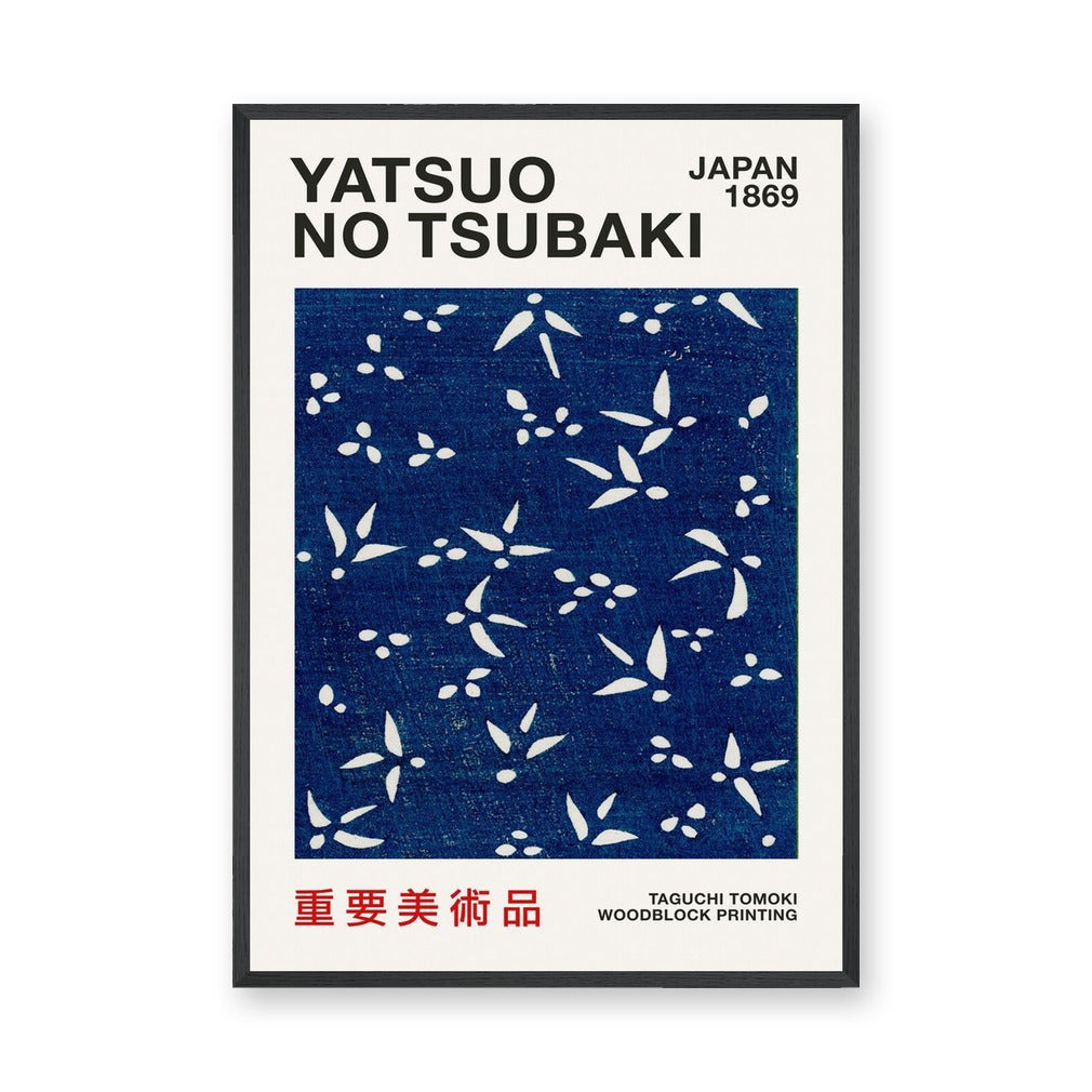 Japanese Botanical Japandi Wall Art – Navy Yatsuo Tsubaki Woodblock Print